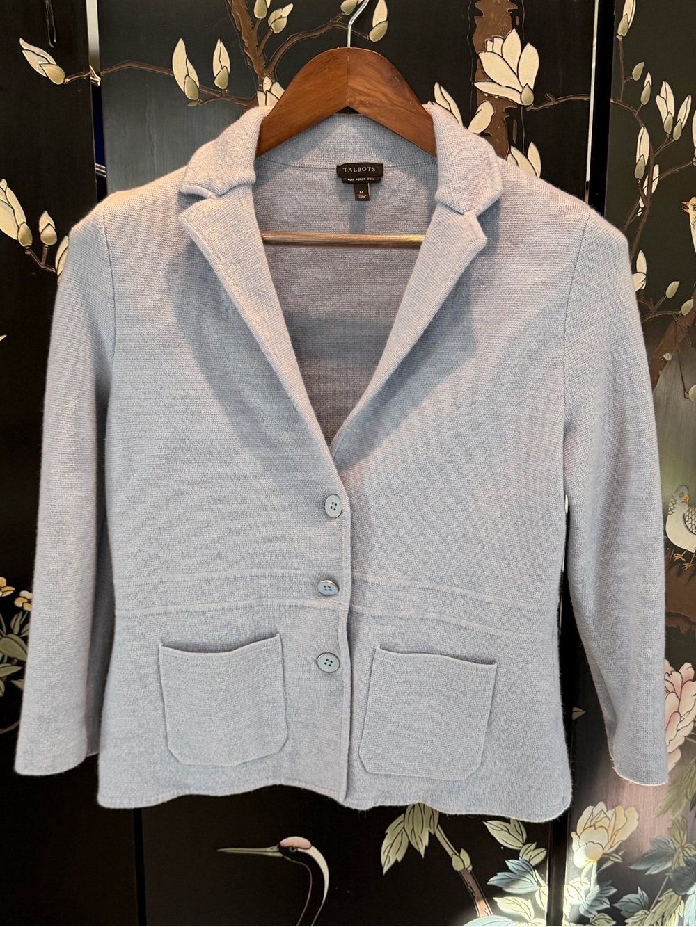 Talbots Merino Wool Blend Knit Blazer Jacket Powder Blue Pocket M